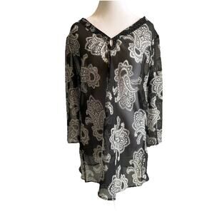 Large Floral Blouse Satin Tunic Boho Sheer artsy Fairy Swim Coverup Witchy Sz 12